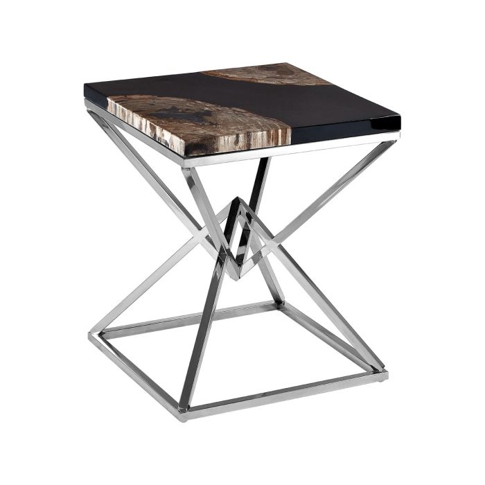 Ripley Black Petrified Wooden Side Table With Silver Metal Legs