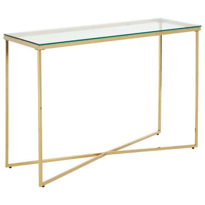 Alton Clear Glass Console Table With Gold Cross Design Metal Base