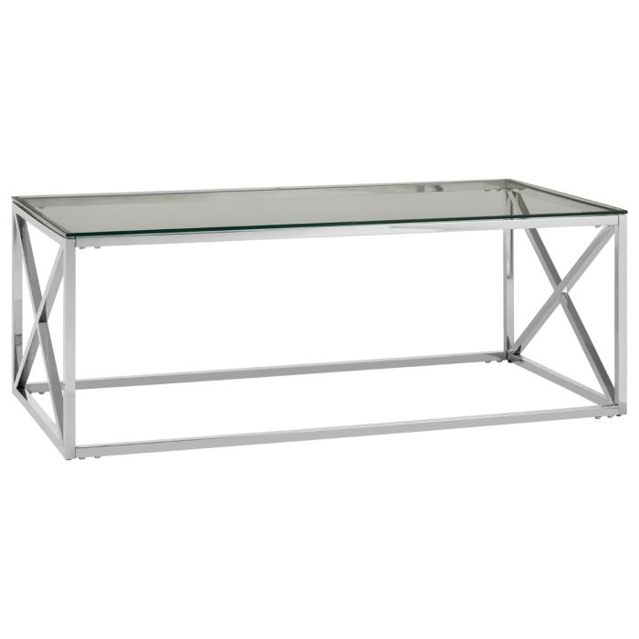 Alton Clear Glass Coffee Table With Chrome Cross Design Metal Base