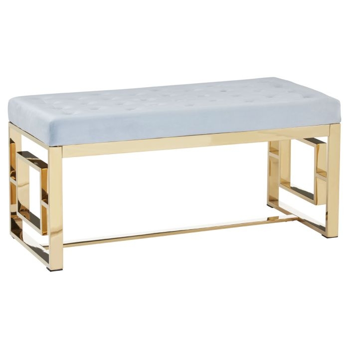 Allure Velvet Upholstered Textured Dining Bench In Blue With Gold Frame