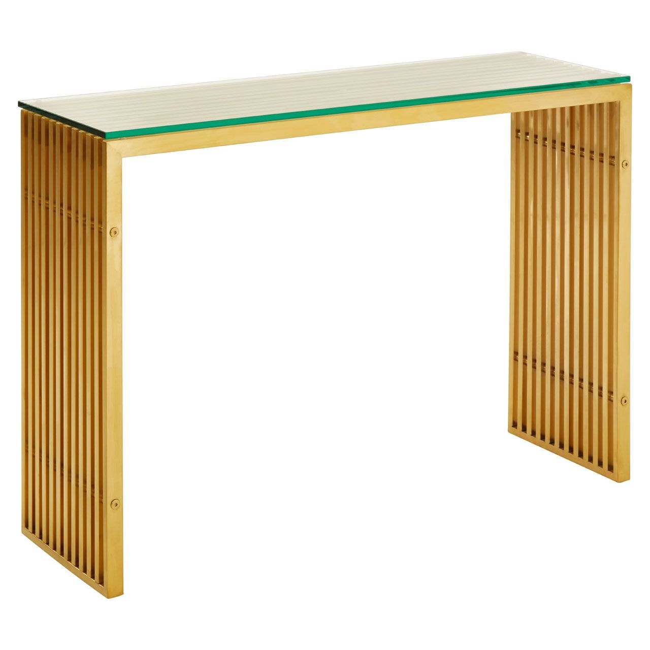 Horizon Clear Glass Console Table With Brushed Gold Stainless Steel Base