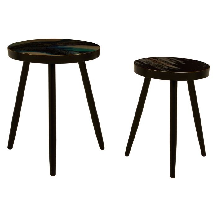 Calixto Wooden Set Of 2 Side Tables In Turquoise With Green Shaded Tops