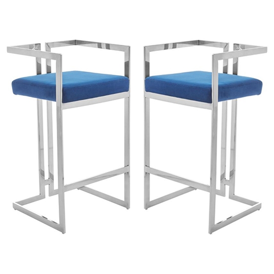 Amberley Blue Velvet Bar Stools With Silver Frame In Pair