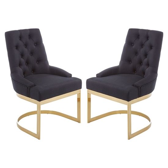 Amberley Black Linen Fabric Dining Chairs With Gold Base In Pair