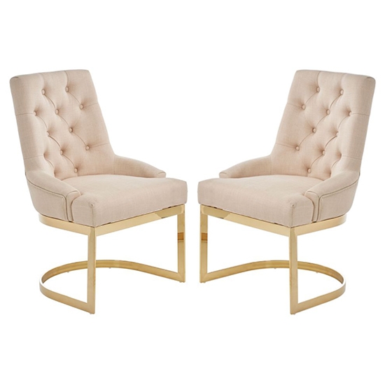 Amberley Natural Linen Fabric Dining Chairs With Gold Frame In Pair