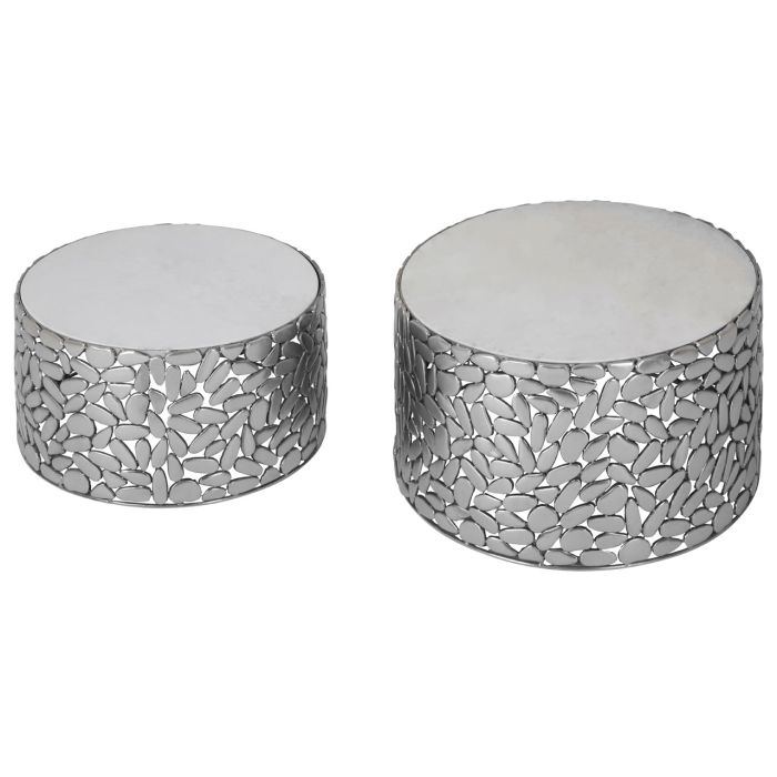 Tarvie Stone Top Set Of 2 Side Tables In Antique Pewter