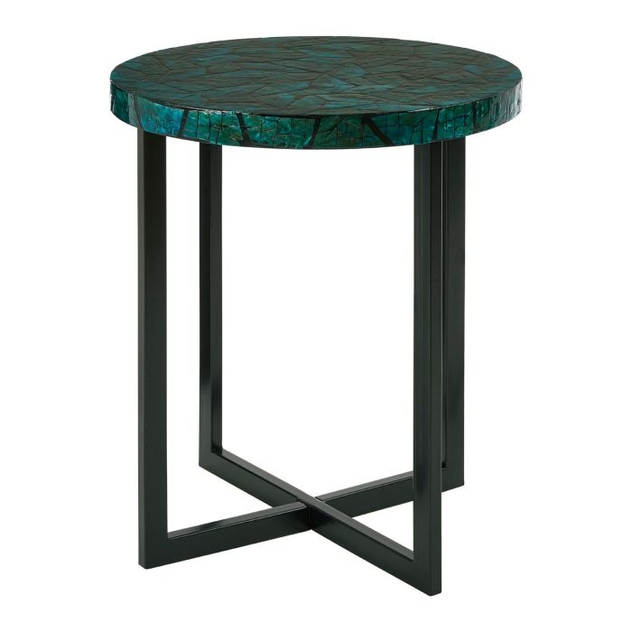 Banjo Round Wooden Side Table In Teal With Black Metal Frame