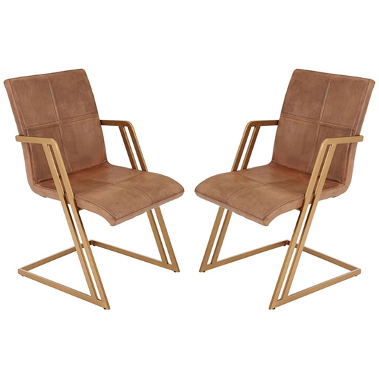 Bodmin Brown Faux Leather Dining Chairs With Brass Angular Legs In Pair