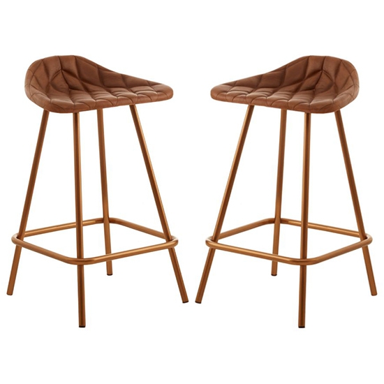 Bodmin Brown Faux Leather Bar Stools With Brass Legs In Pair