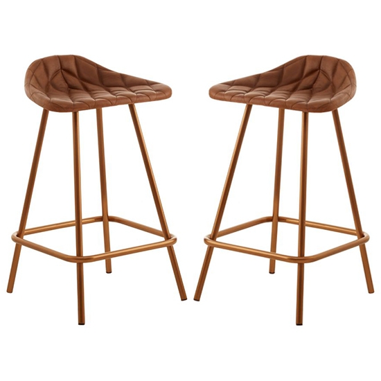 Bodmin Brown Faux Leather Bar Stools With Brass Legs In Pair