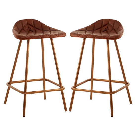 Bodmin Tan Faux Leather Bar Stools With Brass Legs In Pair