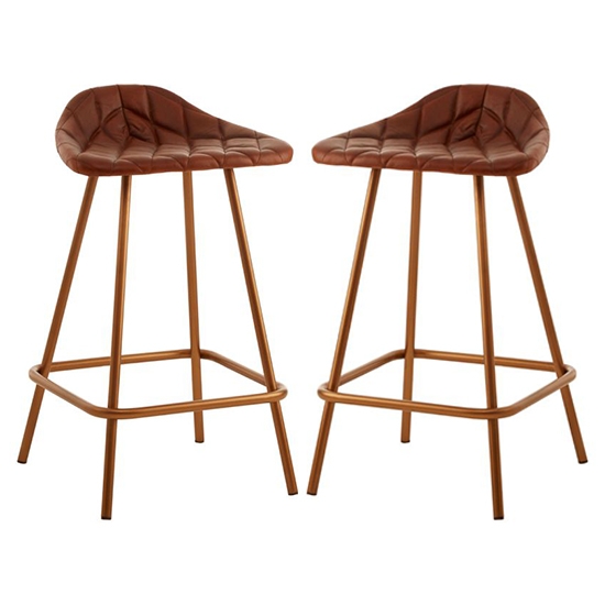 Bodmin Tan Faux Leather Bar Stools With Brass Legs In Pair