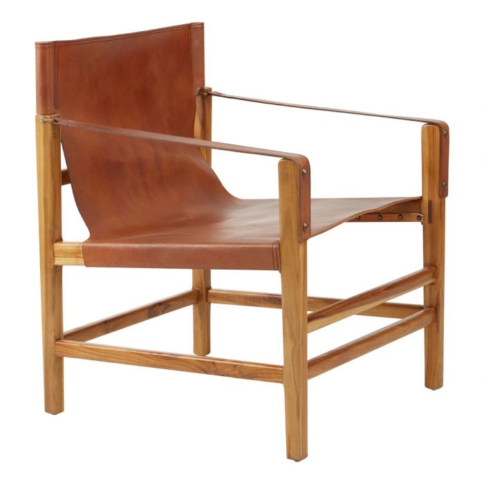 Kendari Teak Wood Straight Armchair In Brown With Leather Seat
