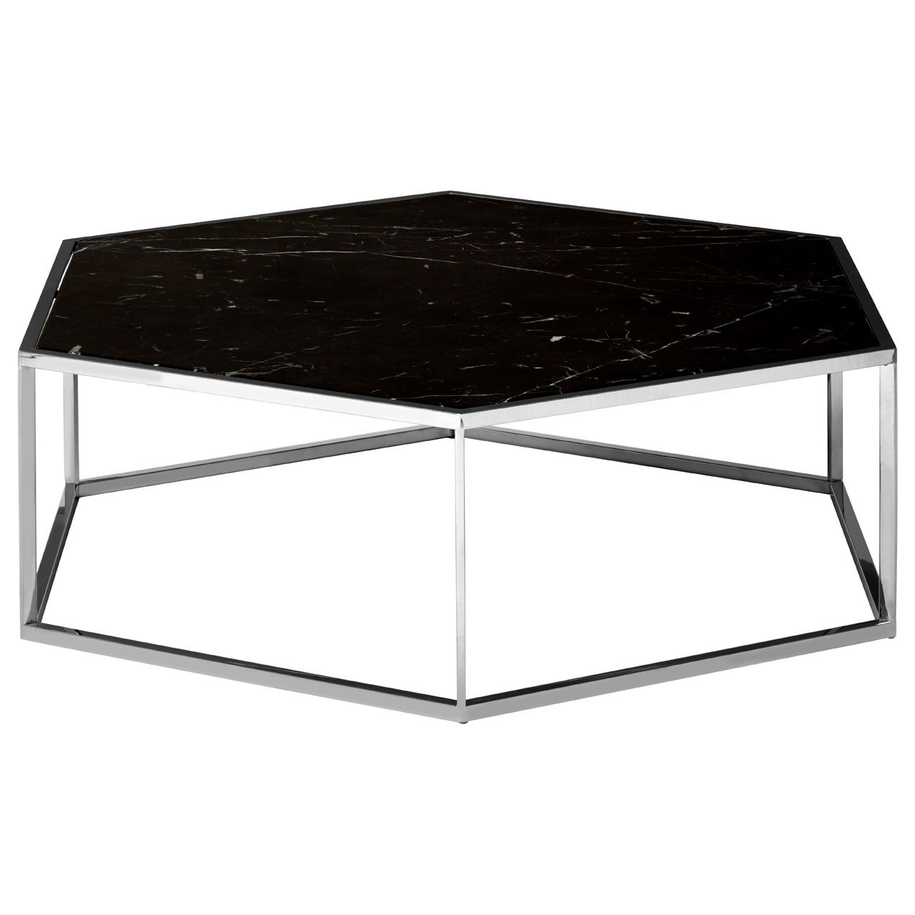 Piermount Hexagon Marble Coffee Table In Black With Silver Stainless Steel Frame