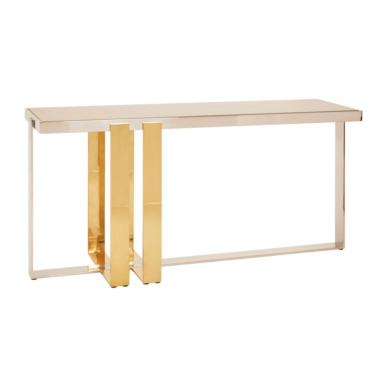 Demas Clear Glass Console Table With Gold And Silver Stainless Steel Base