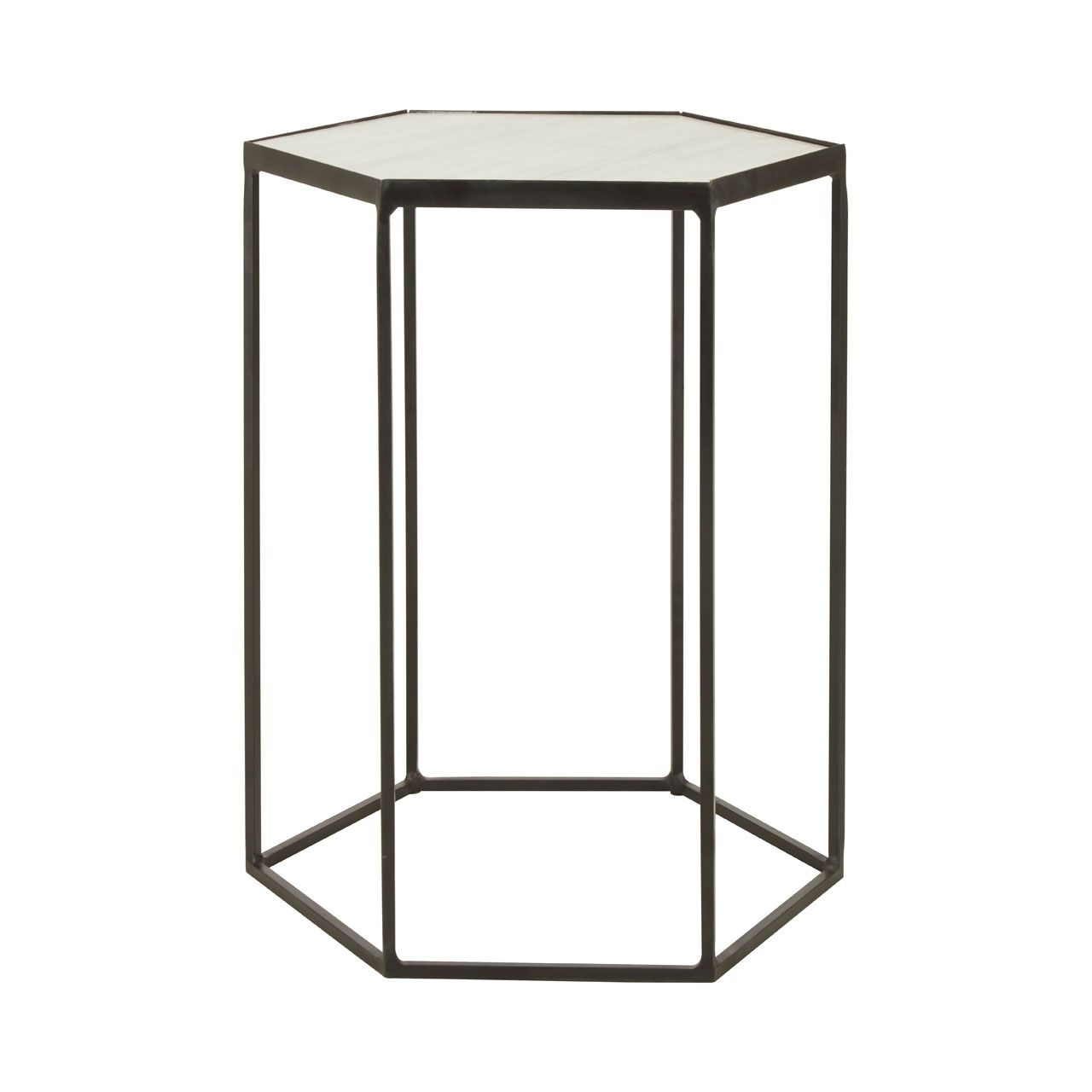 Rabia Hexagonal White Marble Top Side Table With Black Metal Base