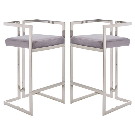 Amberley Grey Velvet Bar Stools With Silver Frame In Pair