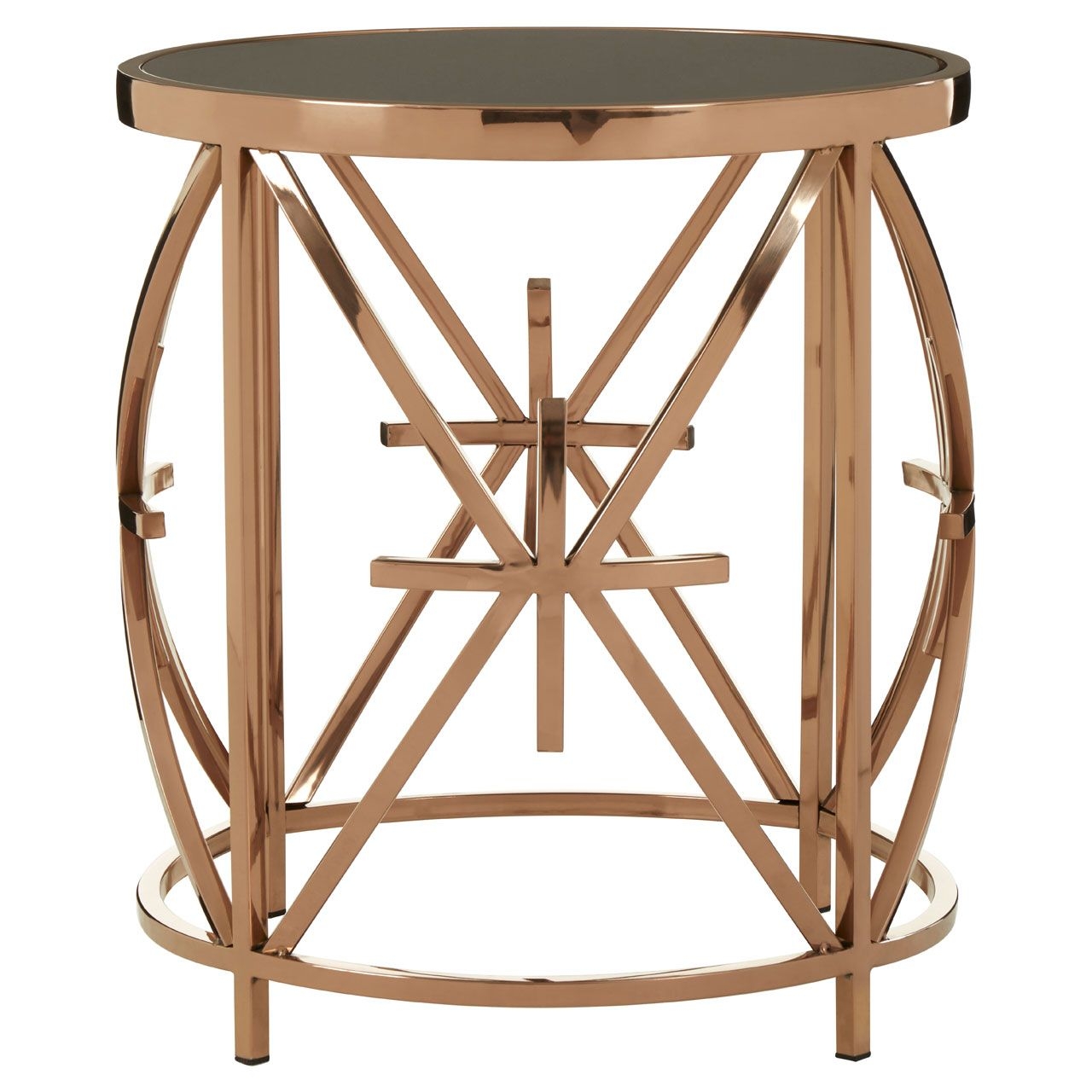 Tula Round Black Glass Side Table With Rose Gold Stainless Steel Base
