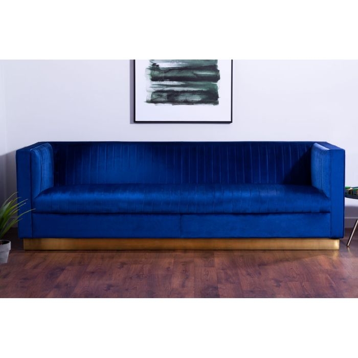 Oleta Velvet 3 Seater Sofa In Deep Blue With Gold Stainless Steel Base