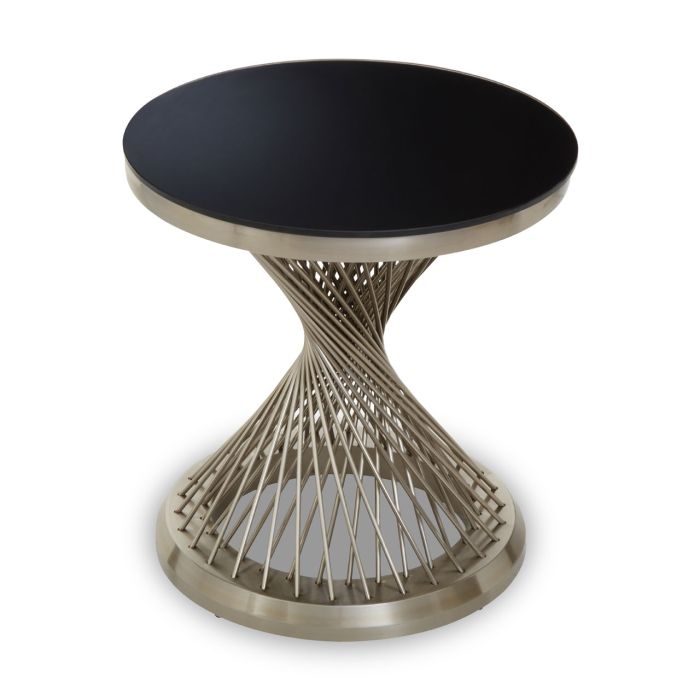 Alveley Round Black Glass Top Side Table With Silver Geometric Base