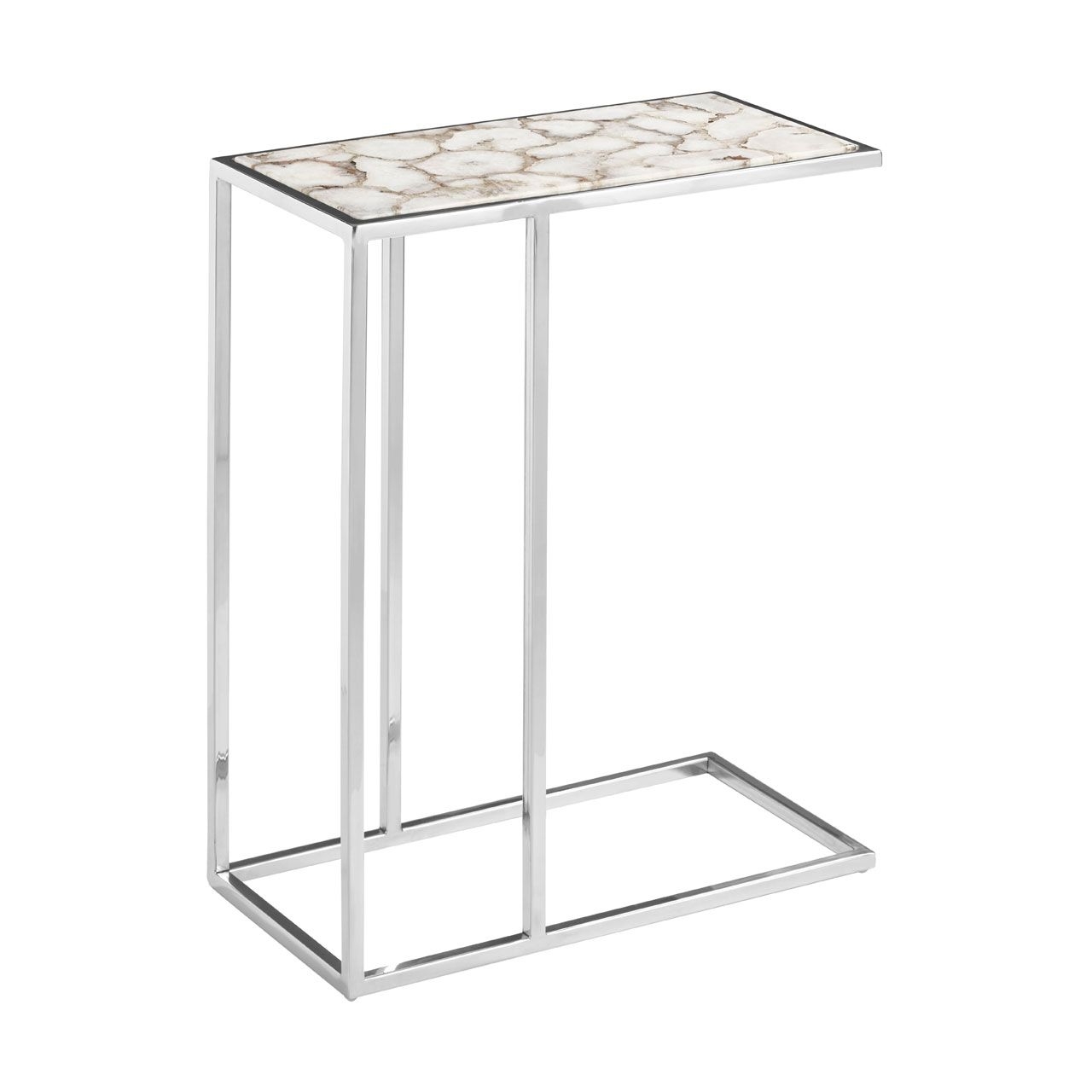 Vita Agate Marble Side Table In White With Silver Metal Frame