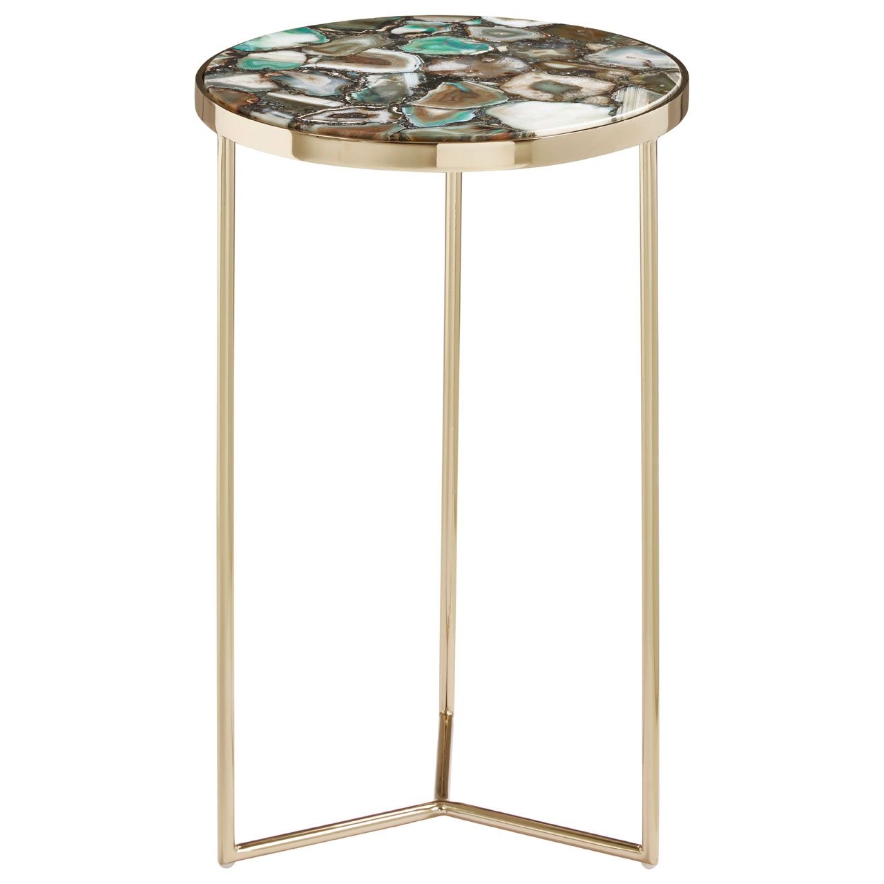 Vita Round Agate Marble Side Table In Black With Gold Metal Frame