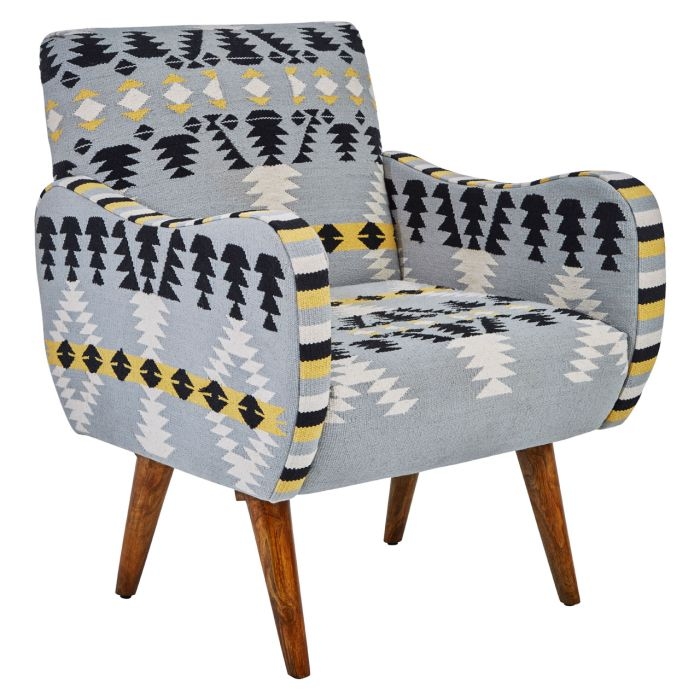 Clutton Fabric Bedroom Chair In Grey Multi Colour With Mango Wood Legs