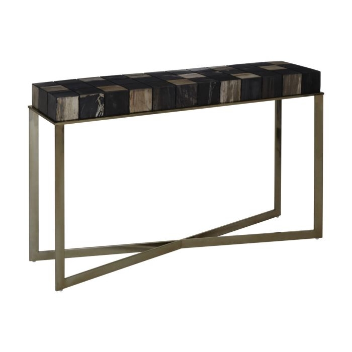 Ripley Petrified Wooden Console Table In Black With Stainless Steel Frame