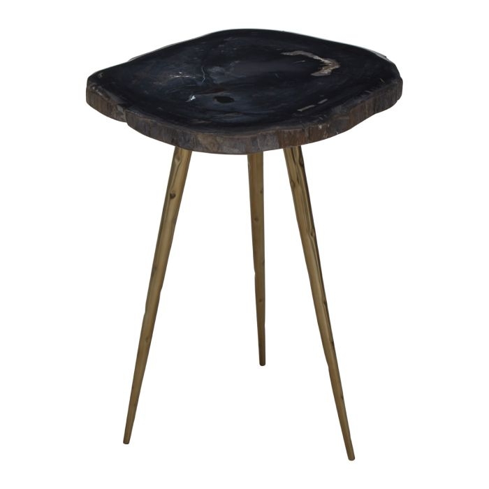 Ripley Petrified Wooden Top Side Table In Black With Brass Angular Legs