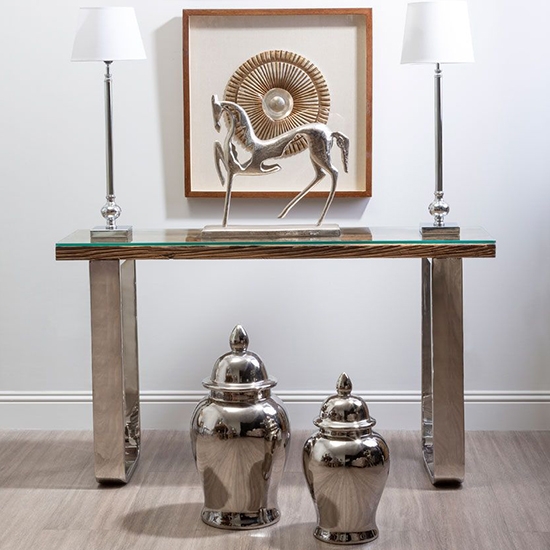 Kera Glass Console Table In Natural With U Shaped Metal Base