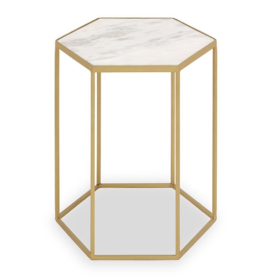Rabia Hexagonal White Marble Top Side Table With Gold Metal Base