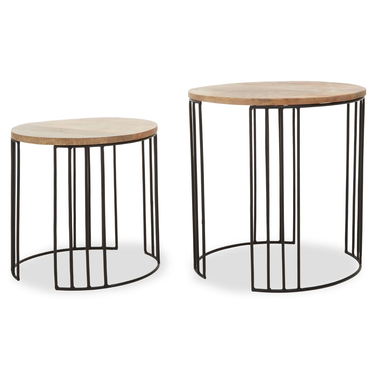 Nandri Round Wooden Set Of 2 Side Tables In Natural With Black Metal Legs