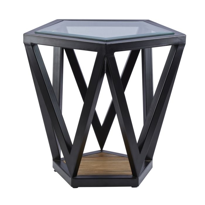 Caelum Pentagon Clear Glass Top Side Table With Black Metal Base
