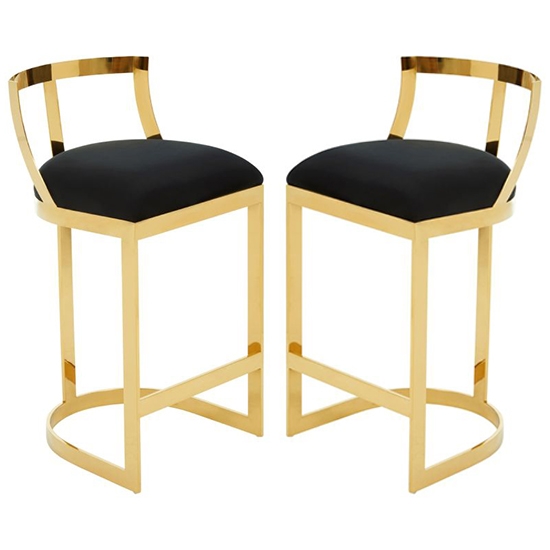 Amberley Black Velvet Bar Chairs With Gold Metal Base In Pair