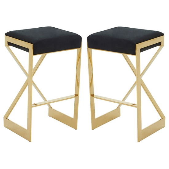 Amberley Black Velvet Bar Stools With Gold Metal Base In Pair