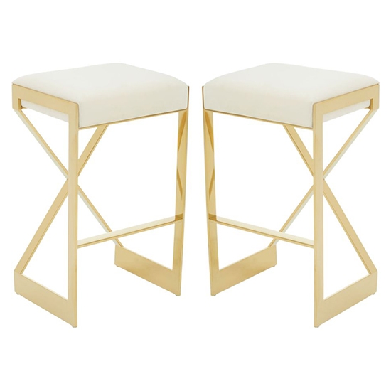 Amberley Ivory Velvet Bar Stools With Gold Metal Base In Pair