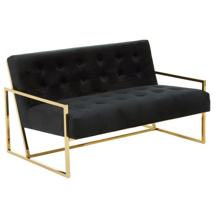 Amberley Velvet Upholstered 2 Seater Sofa In Black With Gold Frame