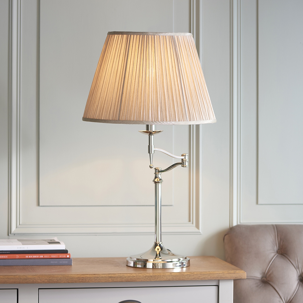 Stanford Beige Shade Swing Arm Table Lamp In Nickel