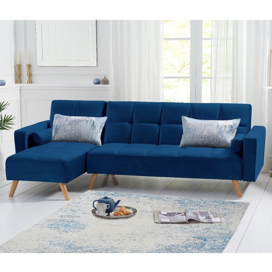 Abigail Velvet Upholstered Left Facing Chaise Sofa Bed In Blue