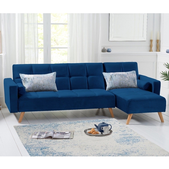 Abigail Velvet Upholstered Right Facing Chaise Sofa Bed In Blue