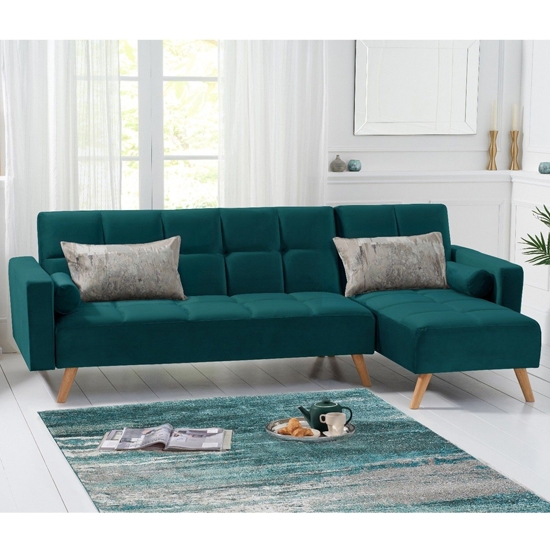 Abigail Velvet Upholstered Right Facing Chaise Sofa Bed In Green
