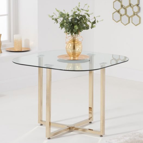 Abingdon Clear Glass Dining Table In White With Gold Legs