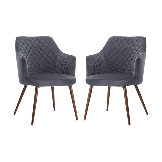 Ackleton Grey Velvet Dining Chair In Pair With Walnut Metal Legs