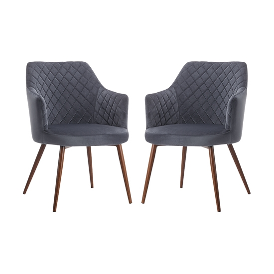 Ackleton Grey Velvet Dining Chair In Pair With Walnut Metal Legs
