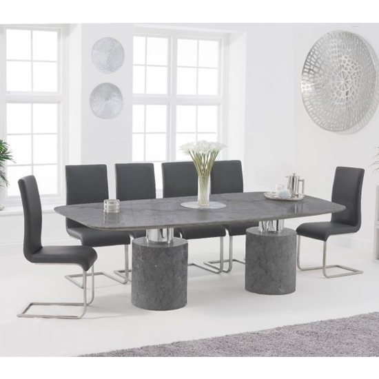 Adeline 220cm Grey Marble Rectangular Dining Table With 6 Malibu Grey Chairs