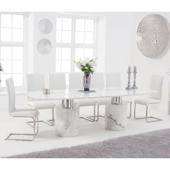 Adeline 260cm White Marble Rectangular Dining Table With 8 Malibu White Chairs