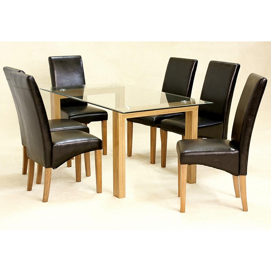 Adina Large Clear Glass Dining Set With Oak Legs And 6 Cyprus Chairs