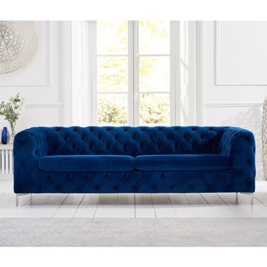 Alegra Plush Fabric Upholstered 3 Seater Sofa In Blue