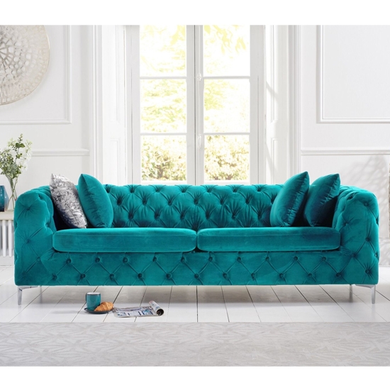 Alegra Plush Fabric Upholstered 3 Seater Sofa In Teal