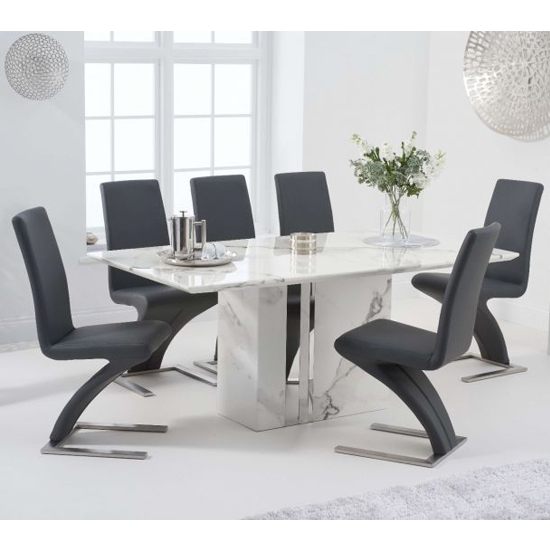 Alice 180cm White Marble Rectangular Dining Table With 6 Hereford Grey Chairs